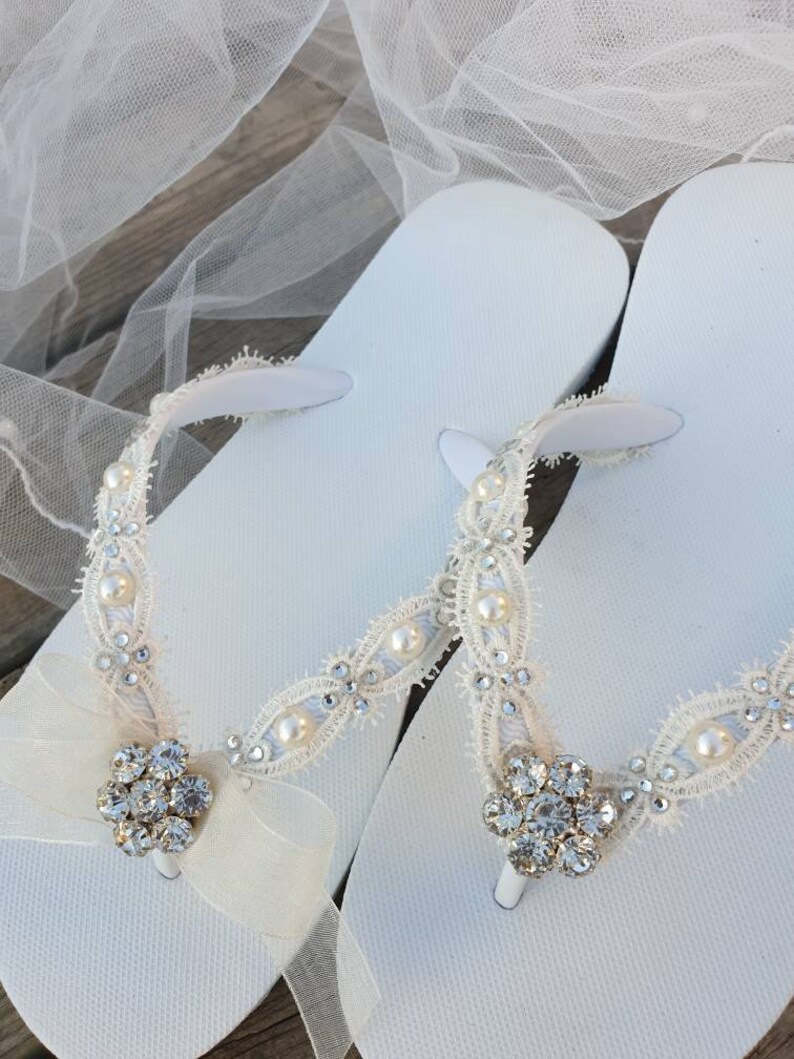 wedding slippers lace wedding flip flops ..bride bridesmaids slippers. Daisy Rhinestone Pearls.Lace Flip Flops ...Bridal ivory Flip flops