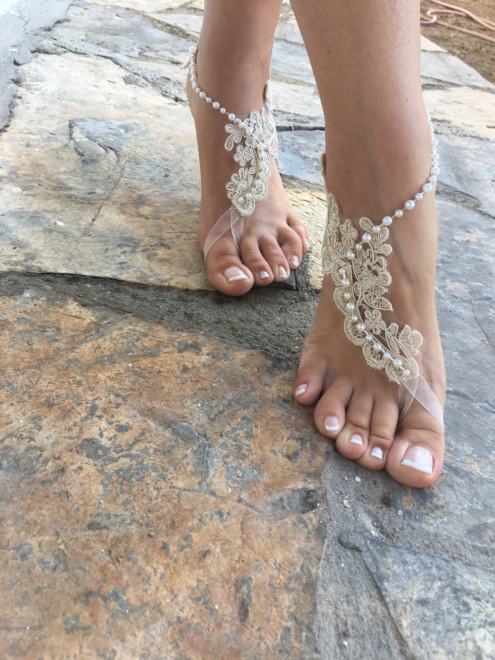 Ivory and Silver French Lace Pearls Barefoot Sandals. Bride - Etsy