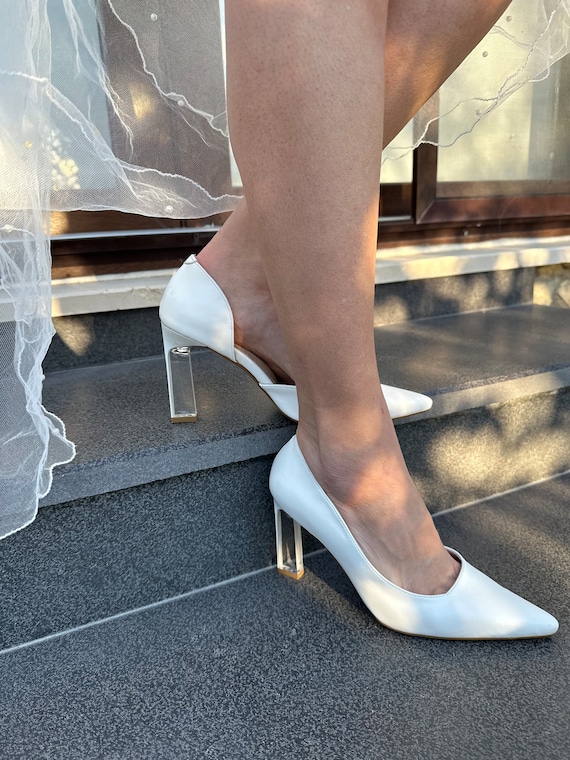 Glass Heels Wedding Stiletto Shoes.. White Wedding Pumps.. 