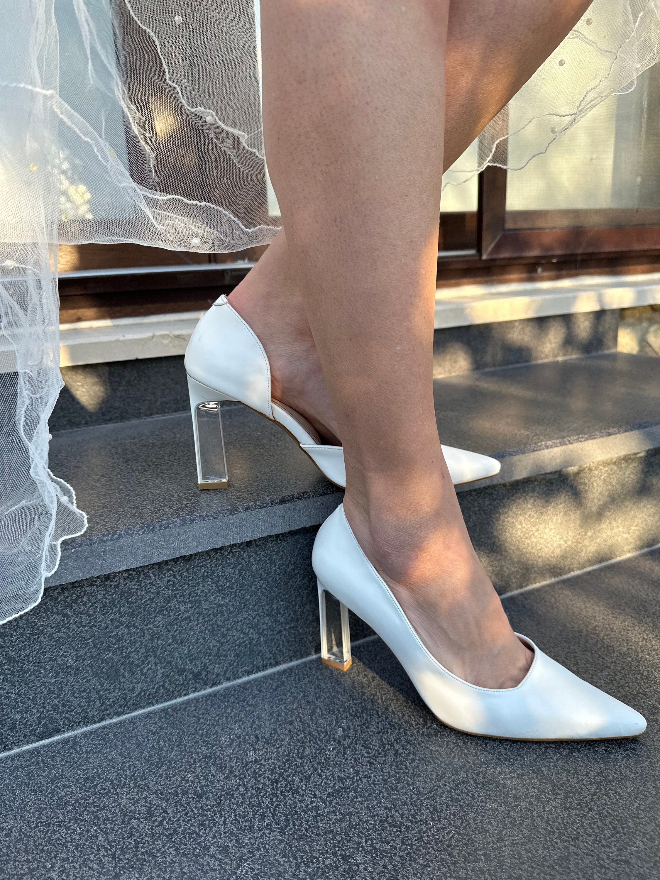 Glass Heels Wedding Stiletto Shoes.. White Wedding Pumps.. 