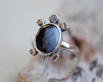 Snowflake Obsidian Sterling Silver Turtle Ring, size 6.25