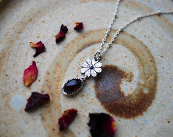 Daisy Garnet Necklace, 16 inch Sterling Silver Necklace