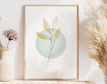 Hand Drawn Watercolor Botanical Floral Print Art, Boho Bohemian Wall Decor Yellow Flower Plant Illustration, Instant Digital Download