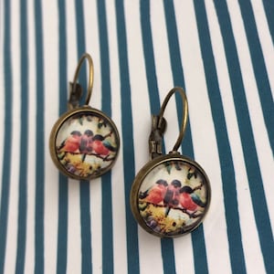 Bird Earrings Red & Blue Birds Nature Flowers Tree Bronze Vintage Style Cameo Drop Earring | Birthday Valentines Anniversary Mothers Day