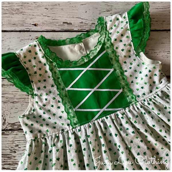 Dainty Shamrocks and Lace Dirndl Inspired Judy Lou Clothing Corset Flutter Sleeve Boutique Dress for Girls and 18” Doll