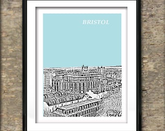 May include: A black and white illustration of the Bristol skyline with the word "BRISTOL" in white text on a light blue background.