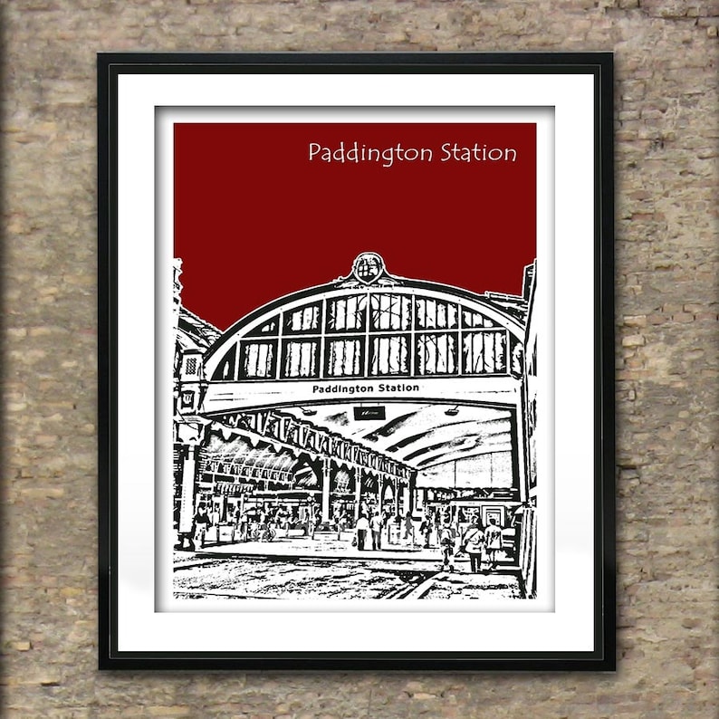 May include: A black and white illustration of Paddington Station in London, England. The image is set against a red background with the text "Paddington Station" at the top.