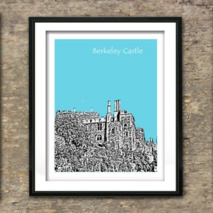 May include: A black and white illustration of Berkeley Castle against a light blue background. The text "Berkeley Castle" is printed in white at the top of the image.
