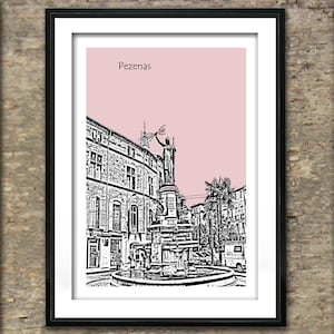 Pezenas Skyline Art Print Poster A4 Size Place de la République France