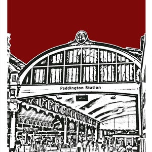 May include: A black and white illustration of Paddington Station in London, England. The image shows the station's iconic arched entrance with the words "Paddington Station" above it. There are people walking through the station.