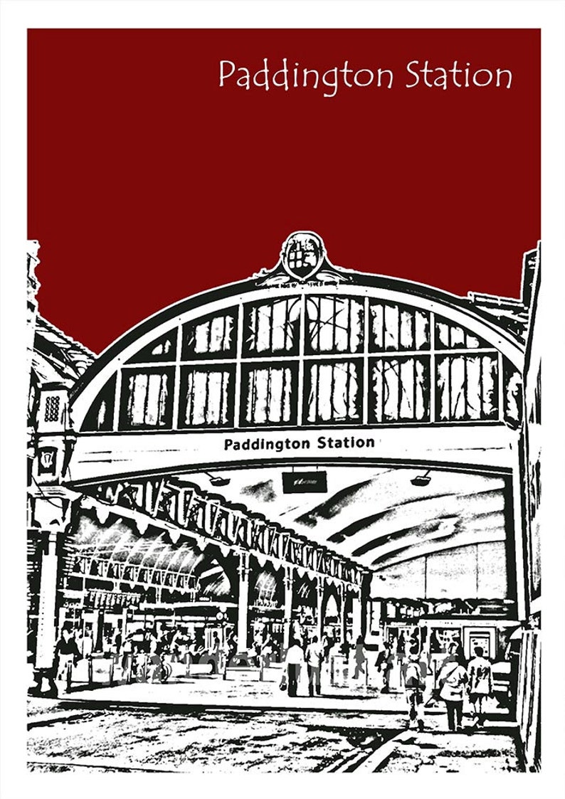 May include: A black and white illustration of Paddington Station in London, England. The image shows the station's iconic arched entrance with the words "Paddington Station" above it. There are people walking through the station.