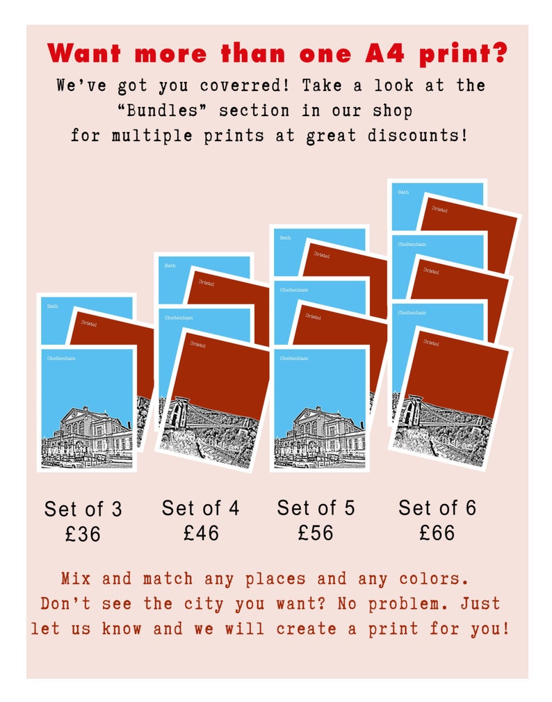 May include: A set of six A4 prints of different cityscapes. The prints are arranged in a staggered pattern, with the top row showing three prints, the second row showing two prints, and the bottom row showing one print. The prints are all in black and white, and they feature a variety of architectural styles. The text below the prints reads "Set of 3 &pound;36", "Set of 4 &pound;46", "Set of 5 &pound;56", and "Set of 6 &pound;66". The text below the prices reads "Mix and match any places and any colors. Don't see the city you want? No problem. Just let us know and we will create a print for you!"