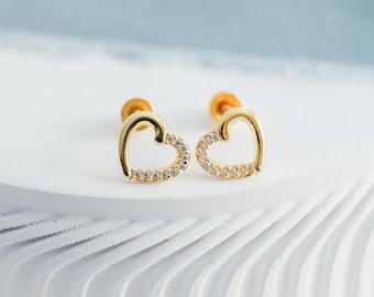 3 14K Gold Plated Floating Heart Screw Back Earrings, Newborn Infant Baby Earrings, Little Girls Gold Jewelry, Toddler Studs, Valentines