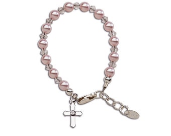 Personalized Sterling Silver Cross Bracelet with Pink Pearls and Crystals, Baptism, Christian, Girls First Communion Gift, Christian Jewelry