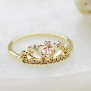 Anel de tiara de quinceañera banhado a ouro 14K com #15 em ouro rosa para presente de aniversário de 15 anos, joias de marmelo, presente para menina de 15 anos