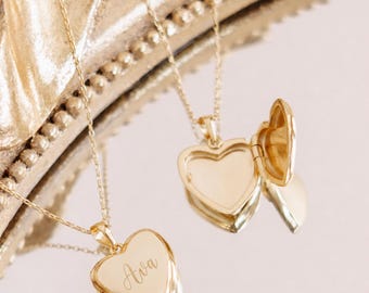 Little Girls 14K Gold Plated Heart Kids Locket, Kids Custom Monogram Jewelry, Toddler Necklace with Engraved Name, Child's Gold Heart Locket
