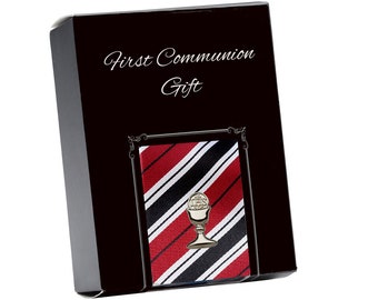 First Communion Red Stripe Tie with Silver Chalice Tie Pin Gift Set for 1st Communion Gift for Boys