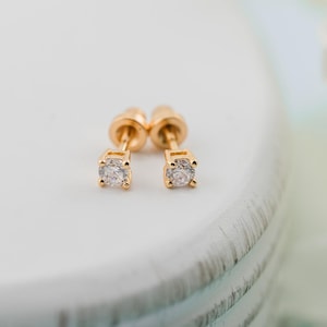 Kids 14K Gold Clear CZ Earrings, Kids Screw Back Earrings, Newborn Infant Baby Studs, Little Girls Gold Jewelry, Toddler New Pierced Ears
