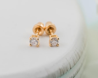 Kids 14K Gold-plated Sterling Silver Clear CZ Earrings, Kids Screw Back Earrings, Newborn Infant Baby Studs, Little Girls Gold Jewelry