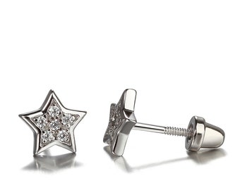 Sterling Silver Star Stud Earrings with CZs and Screw Backs for Babies, Toddlers, Little Girls, Kids Hypo-allergenic, Nickel Free Earrings