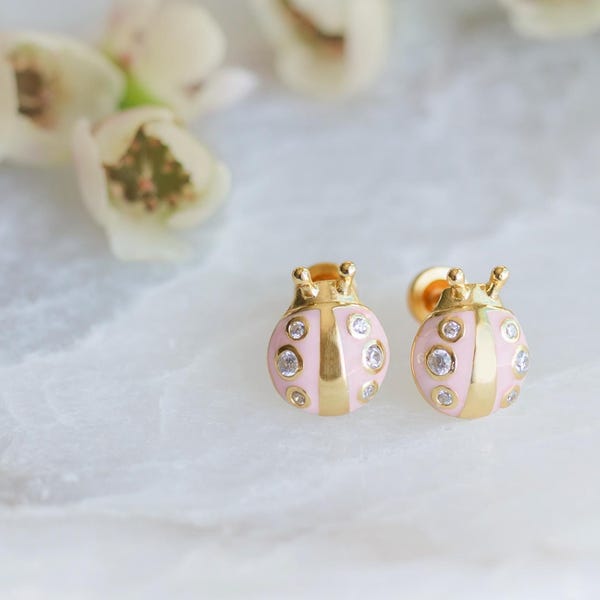 Girls 14K Gold Plated Pink Ladybug Screw Back Earrings for Toddler Stud Earrings, Hypo-allergenic, Nickel Free, Babys First Earrings, Easter