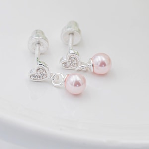 Girls Sterling Silver Screw Back Pink Pearl Earrings, Flower Girl Gift, Toddler Heart Earrings, Kids Hypoallergenic Dangling Earrings