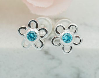 Sterling Silver Birthstone Earrings, Babies Toddlers Little Girls Earrings,  Infant Kids Jewelry