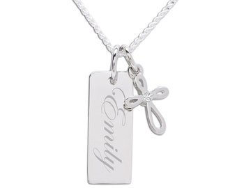 Personalized Sterling Silver FREE Engraved Bar Necklace, Kids Cross Charm Jewelry, Girls Custom First Communion Gift, Confirmation Teenagers