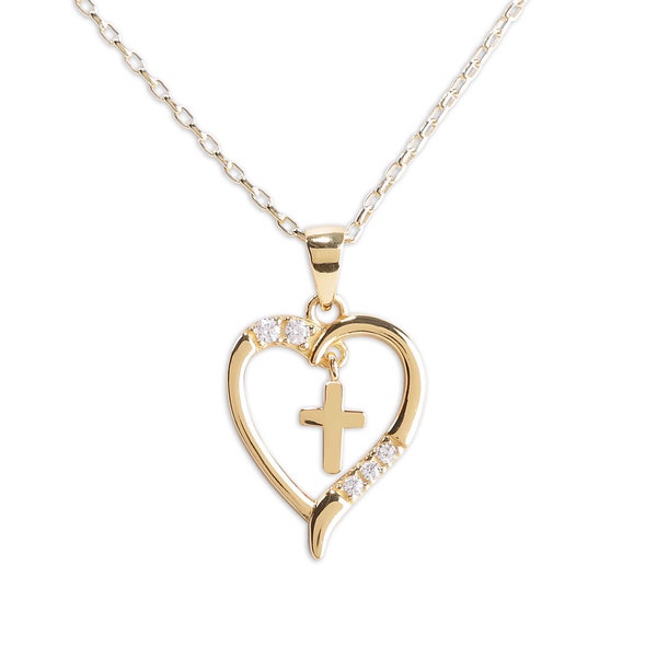 Gold-Plated Sterling Silver Dancing Cross Heart Necklace for Girls, Teen, Women Christian Jewelry, Baptism, Catholic First Communion Gift