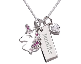 Personalized FREE Engraving Sterling Silver Pink Unicorn Bar Necklace with CZ Heart Charm for Little Girls, Toddler Necklace, Kids Jewelry