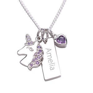 Personalized FREE Engraving Sterling Silver Unicorn Necklace with Bar and Amethyst CZ Heart Charm for Girls, Kids Toddler Unicorn Jewelry