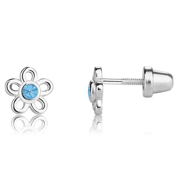 Sterling Silver Birthstone Daisy Flower Earrings with CZ for Babies, Little Girls Earrings with Screw Backs, Toddler, Infant, Kids Jewelry