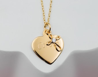 Personalized First Communion or Baptism Gift for Girls, 14K Gold-Plated Heart Cross Necklace with FREE Engraving for Kids, Teens, or Women