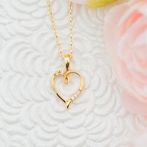 14K Gold-Plated Dainty Heart Birthstone Necklace with CZs for Girls, Tween, Teens, Women, 14K Gold Heart Necklace for Valentines or Birthday