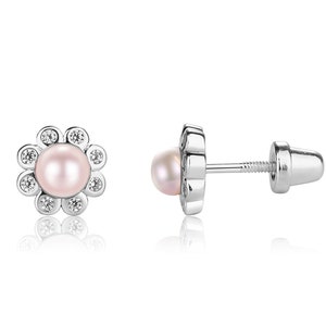 May include: A pair of silver stud earrings with a pearl center and a halo of small clear stones.