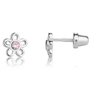 Children's Sterling Silver Daisy Earrings with Pink CZ, Little Girls Screw Back Earrings, Toddler Stud Earrings, Hypo-allergenic,Nickel Free