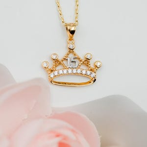 Girls 14K-Gold (over Sterling Silver) Quinceanera Jewelry Necklace, Tiara Crown with Fifteen CZ Stones Sweet 15 Birthday Gift