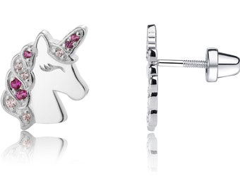 Little Girls Sterling Silver Unicorn Earrings with Pink CZs, Screw Backs, Unicorn Jewelry, Hypo-allergenic, Nickel Free, for Kids, Toddlers