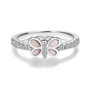 Little Girls Sterling Silver Baby Ring, Pink Butterfly with CZ Band, Toddler Children's Jewelry, Womens Pinky Ring, Toe Ring, Stackable Ring