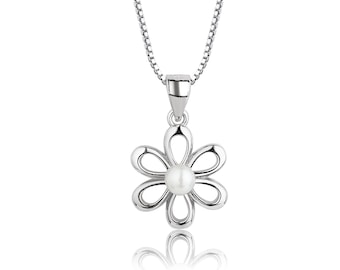 Children's Sterling Silver Daisy Flower Necklace with Genuine Pearl - Flower Girl Gift, Kids Gift