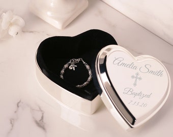 Custom Silver Heart Jewelry Box, Baptism Gift Girls, First Communion Gift, Baby Christening, Confirmation, Dedication with FREE Engraving