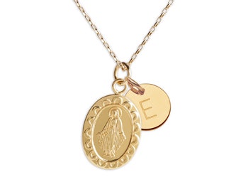 Personalized 14K Gold Plated Miraculous Medal Necklace with Her Initial Charm, Girls First Communion Gift, Children, Teen, Women Jewelry