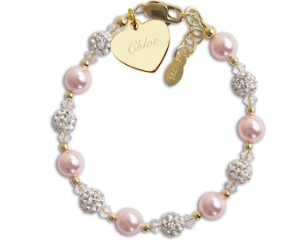 Personalized 14K Gold-Plated Pink Pearl Bracelet with Optional Engraved Heart with Little Girls Name, for Infant, Baby, Toddler, Flower Girl