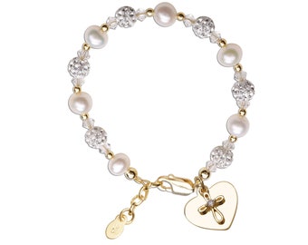 Pulsera Cruzada Personalizada Grabada Chapada en Oro de 14K, Joyería Cristiana para Niños, Bautizo Infantil, Dedicación, Regalo de Primera Comunión