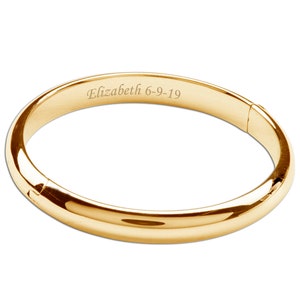 14K gold plated bangle with optional engraving personalization of a name and a date.