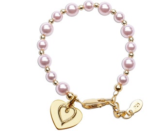 Personalized Children's 14K Gold-Plated Pink Pearl Heart Bracelet FREE Engraving for Infant, Baby, Toddler, Kids, & Girls Valentines Gift