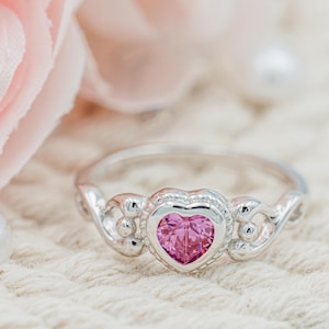 Little Girls Sterling Silver Baby Birthstone Ring, Toddlers CZ Heart Ring, Children&#39;s Jewelry, Gift for Kids, First Ring Granddaughter