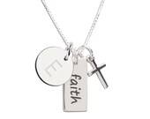 Personalized Sterling Silver FAITH Bar with Cross Initial Coin Charm Necklace. Christian Child, Tween Jewelry. Baptism, First Communion