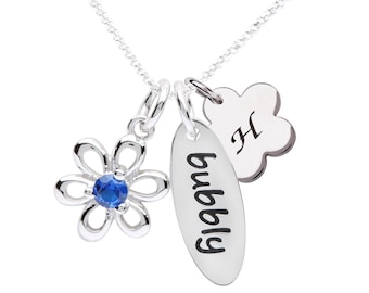 Personalized Sterling Silver Childrens Flower CZ Birthstone Necklace with Meaning, Little Girls, Toddler Custom Initial Letter Birthday Gift