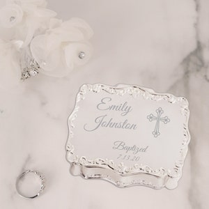 Personalized Baptism Gift Girls, Silver Small Jewelry Box with Cross, FREE Engraved Custom First Communion Gift, Christening or Confirmation